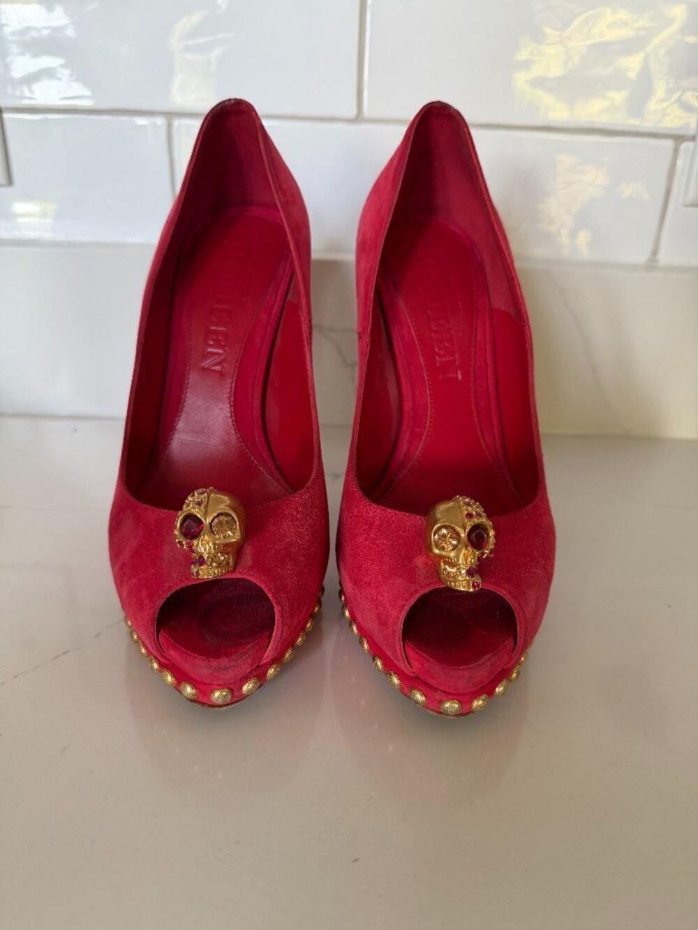 Alexander McQueen Red Suede Skull Heels size 36